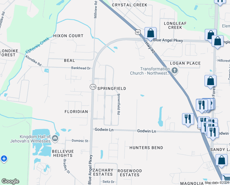 map of restaurants, bars, coffee shops, grocery stores, and more near 4064 Glenway Drive in Pensacola