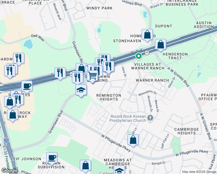 map of restaurants, bars, coffee shops, grocery stores, and more near 1431 Thibodeaux Drive in Round Rock