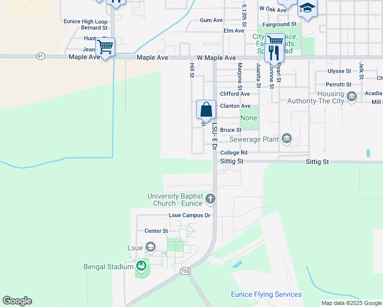map of restaurants, bars, coffee shops, grocery stores, and more near 898 Hill St in Eunice