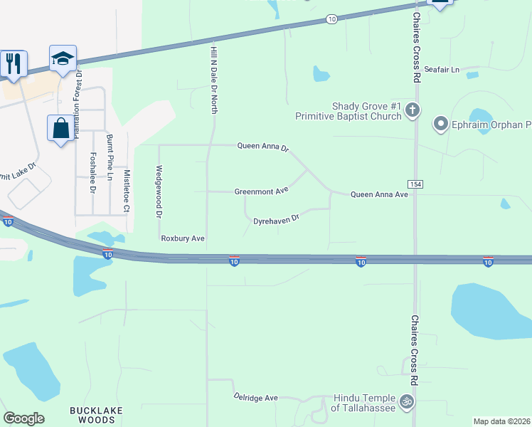 map of restaurants, bars, coffee shops, grocery stores, and more near 2038 Dyrehaven Drive in Tallahassee