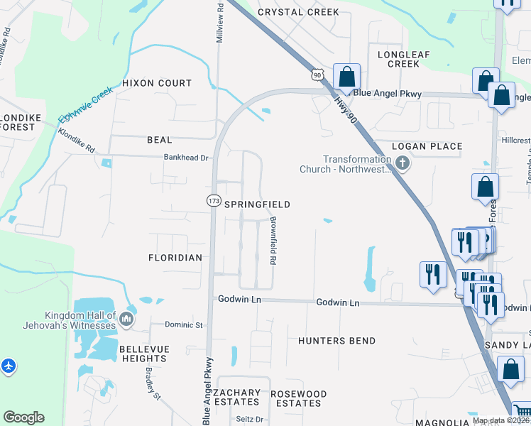 map of restaurants, bars, coffee shops, grocery stores, and more near 4064 Glenway Drive in Pensacola