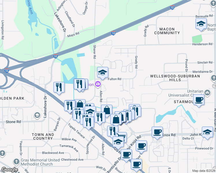 map of restaurants, bars, coffee shops, grocery stores, and more near 2815 Allen Road in Tallahassee