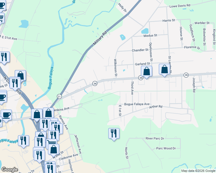 map of restaurants, bars, coffee shops, grocery stores, and more near 72182 Formosa Drive in Covington