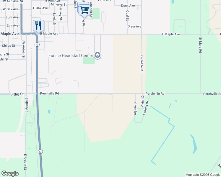 map of restaurants, bars, coffee shops, grocery stores, and more near 1418-1514 Perchville Road in Eunice