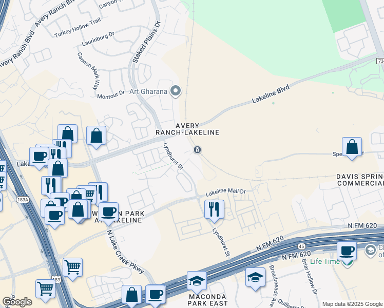 map of restaurants, bars, coffee shops, grocery stores, and more near 13701 Lyndhurst Street in Austin