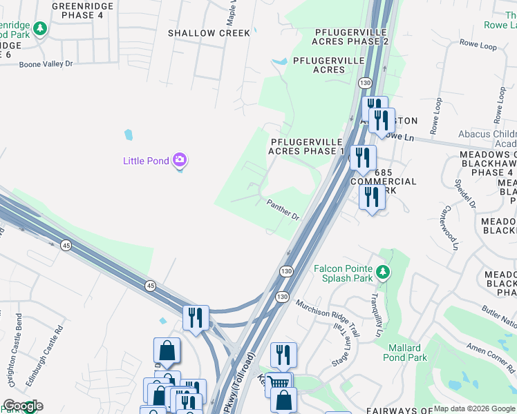 map of restaurants, bars, coffee shops, grocery stores, and more near 19818 Panther Drive in Pflugerville