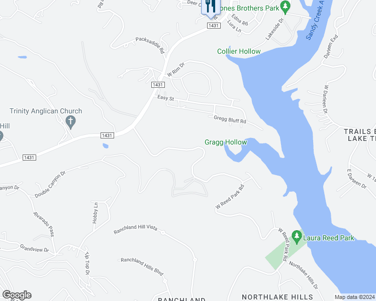 map of restaurants, bars, coffee shops, grocery stores, and more near 17300 West Reed Park Road in Jonestown