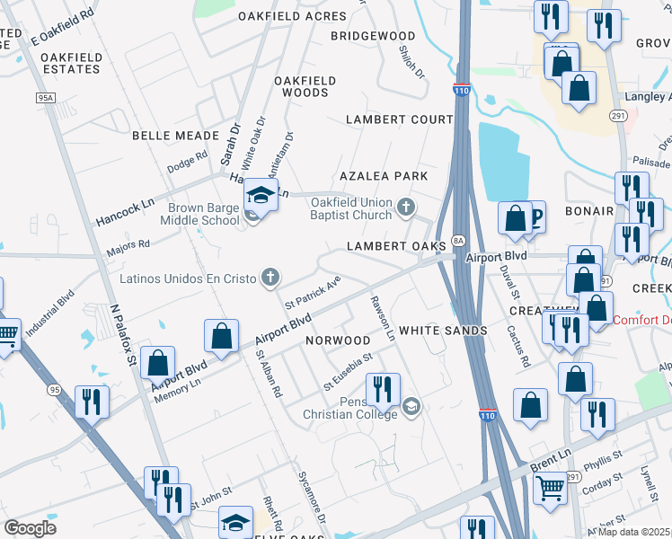 map of restaurants, bars, coffee shops, grocery stores, and more near 5814 Rawson Lane in Pensacola
