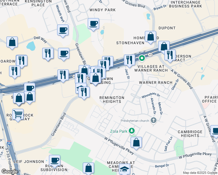 map of restaurants, bars, coffee shops, grocery stores, and more near 1441 Thibodeaux Drive in Round Rock