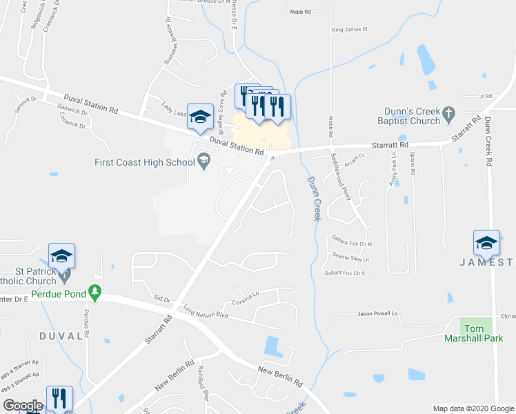 map of restaurants, bars, coffee shops, grocery stores, and more near 909 Ford Wood Drive in Jacksonville