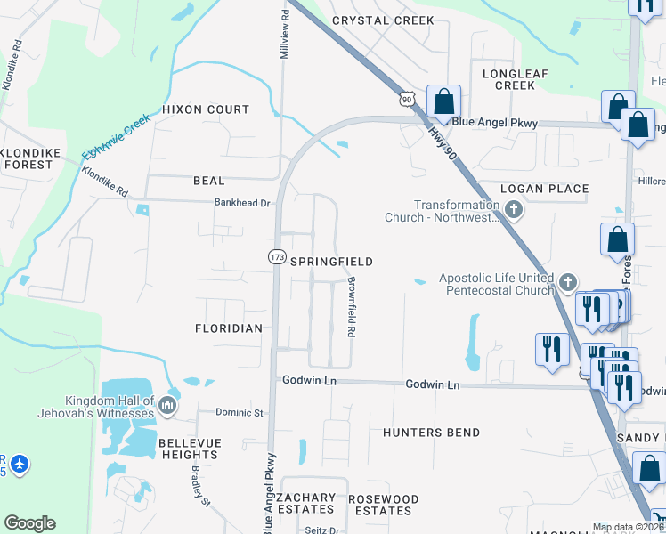 map of restaurants, bars, coffee shops, grocery stores, and more near 1082 Brownfield Road in Pensacola