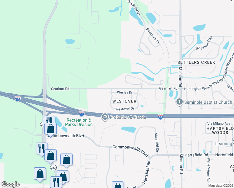 map of restaurants, bars, coffee shops, grocery stores, and more near 4480 Gearhart Road in Tallahassee