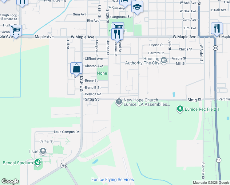 map of restaurants, bars, coffee shops, grocery stores, and more near 1120 College Road in Eunice