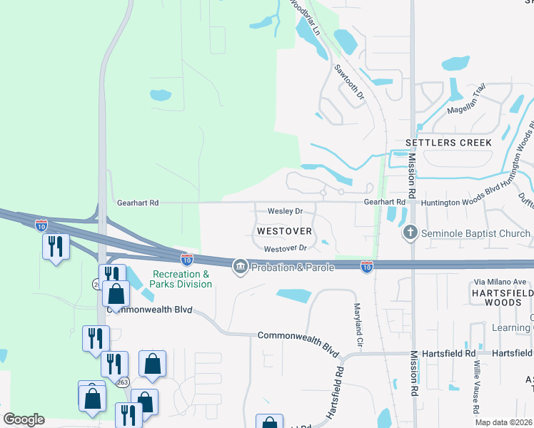 map of restaurants, bars, coffee shops, grocery stores, and more near 4480 Gearhart Road in Tallahassee