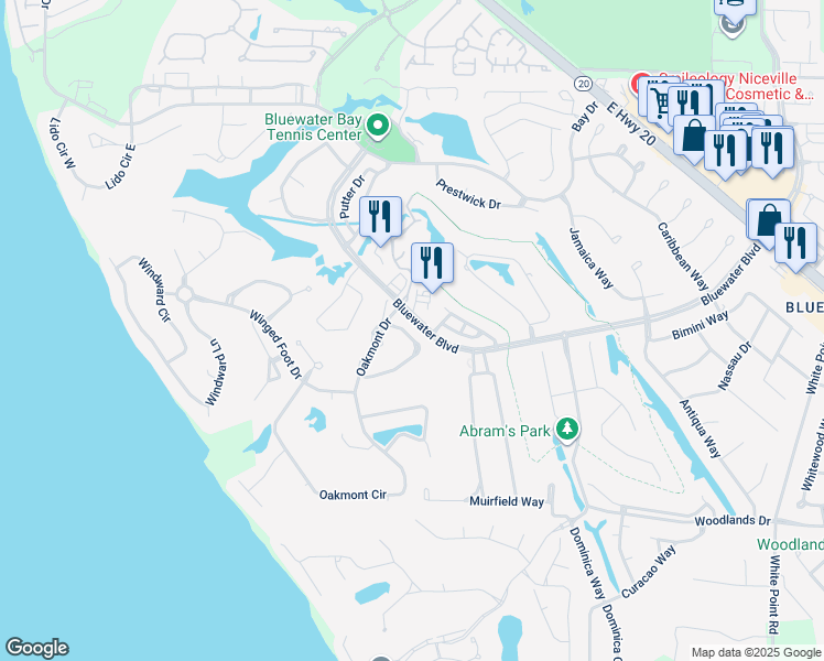 map of restaurants, bars, coffee shops, grocery stores, and more near 1200 Oakmont Drive in Niceville