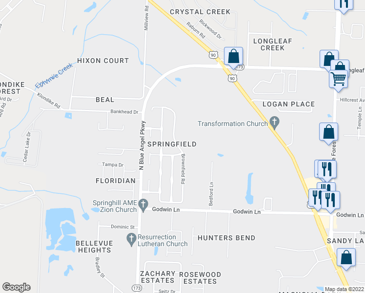 map of restaurants, bars, coffee shops, grocery stores, and more near 1067 Brownfield Road in Pensacola