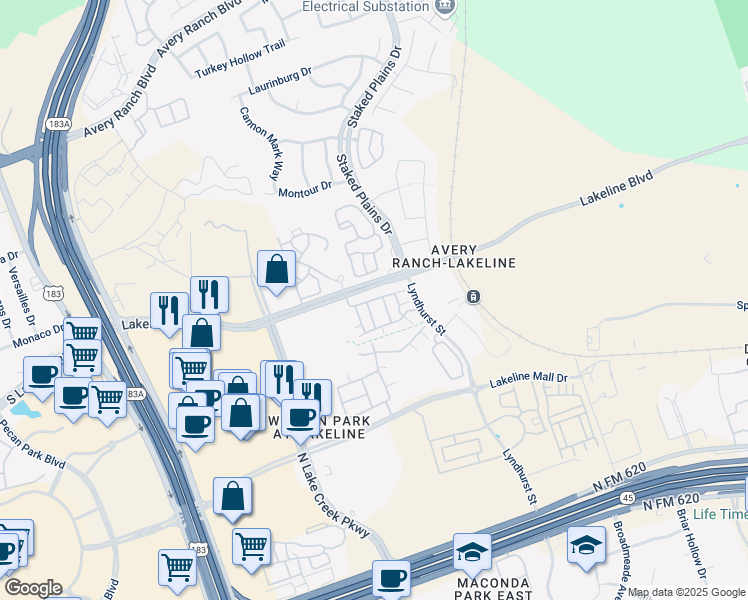 map of restaurants, bars, coffee shops, grocery stores, and more near 11106 Rock Island Drive in Austin