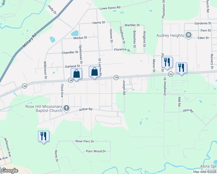 map of restaurants, bars, coffee shops, grocery stores, and more near 20284 Louisiana 36 in Covington