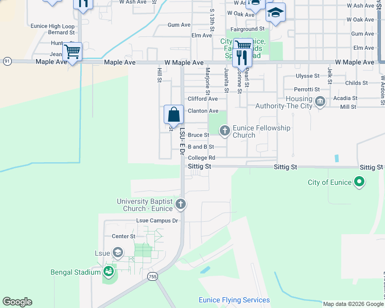 map of restaurants, bars, coffee shops, grocery stores, and more near 1300-1398 B and B St in Eunice