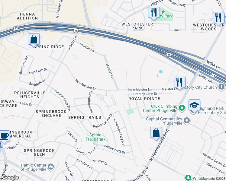 map of restaurants, bars, coffee shops, grocery stores, and more near 600 New Meister Lane in Pflugerville