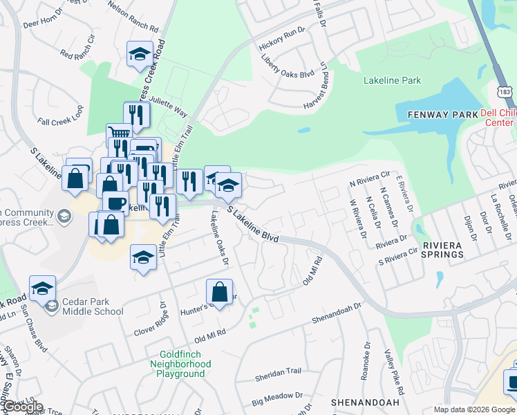 map of restaurants, bars, coffee shops, grocery stores, and more near 2100 South Lakeline Boulevard in Cedar Park