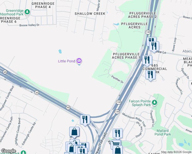 map of restaurants, bars, coffee shops, grocery stores, and more near 19824 Panther Drive in Pflugerville