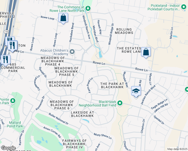 map of restaurants, bars, coffee shops, grocery stores, and more near 20412 Farm Pond Lane in Pflugerville
