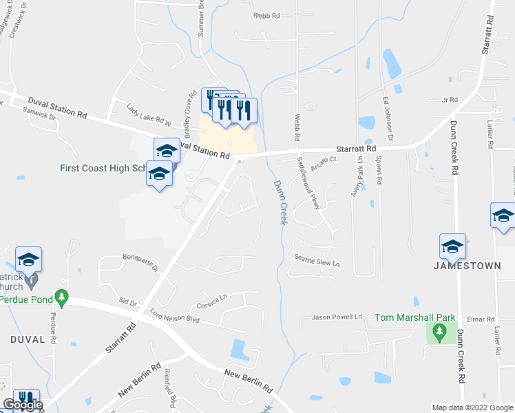 map of restaurants, bars, coffee shops, grocery stores, and more near 13508 Ashford Wood Court East in Jacksonville