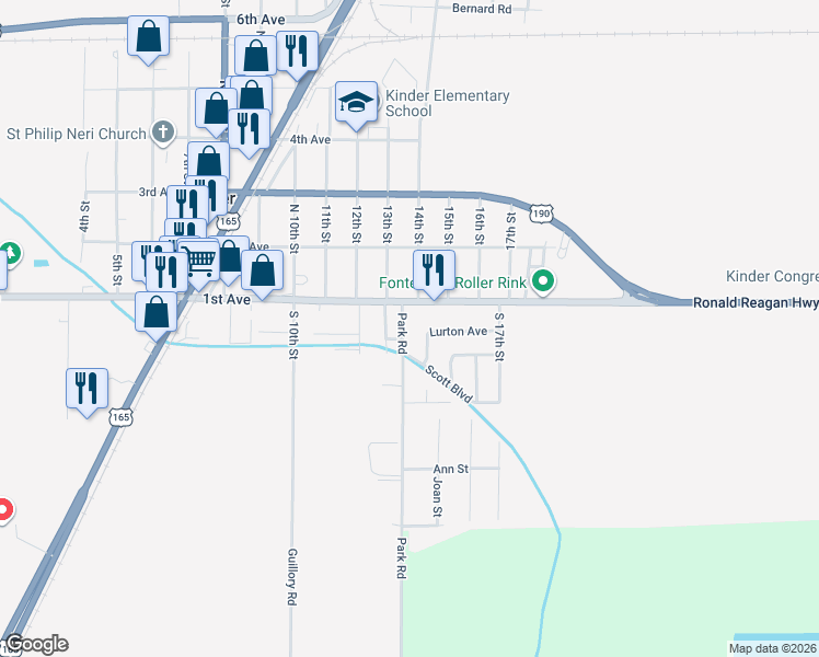 map of restaurants, bars, coffee shops, grocery stores, and more near 1400-1416 1st Avenue in Kinder