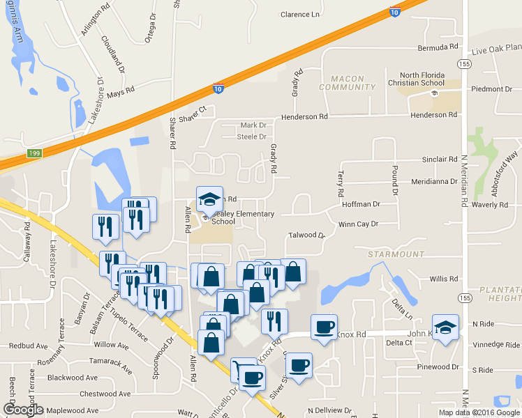 map of restaurants, bars, coffee shops, grocery stores, and more near 2881 Waterbrook Way in Tallahassee