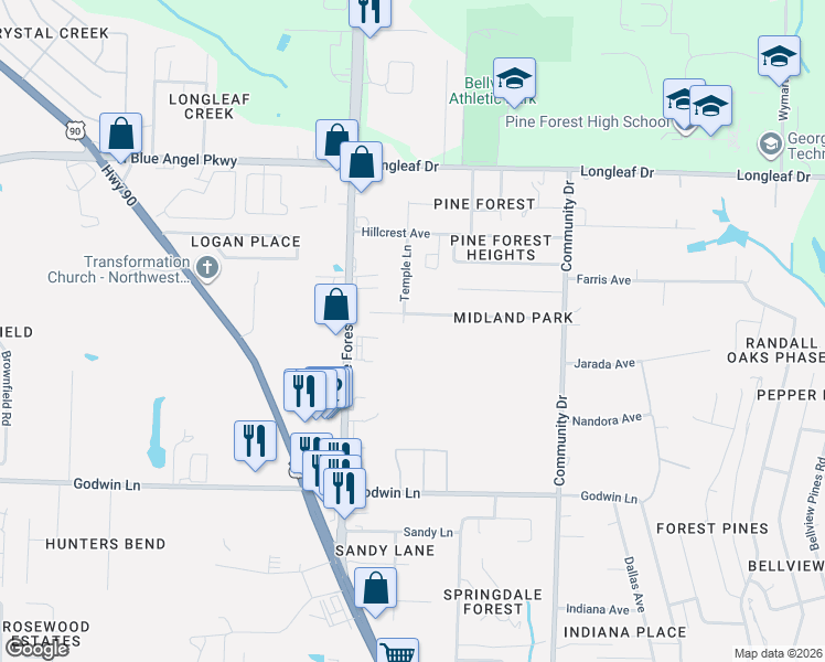 map of restaurants, bars, coffee shops, grocery stores, and more near 2790-2798 Midland Park Dr in Bellview