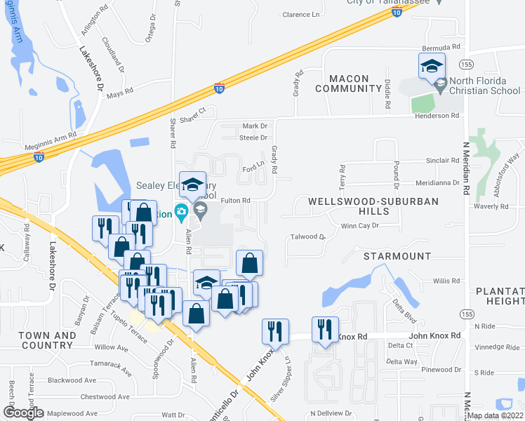 map of restaurants, bars, coffee shops, grocery stores, and more near 2864 Waterbrook Way in Tallahassee