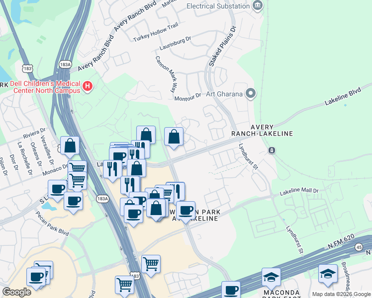 map of restaurants, bars, coffee shops, grocery stores, and more near 10800 Lakeline Boulevard in Austin