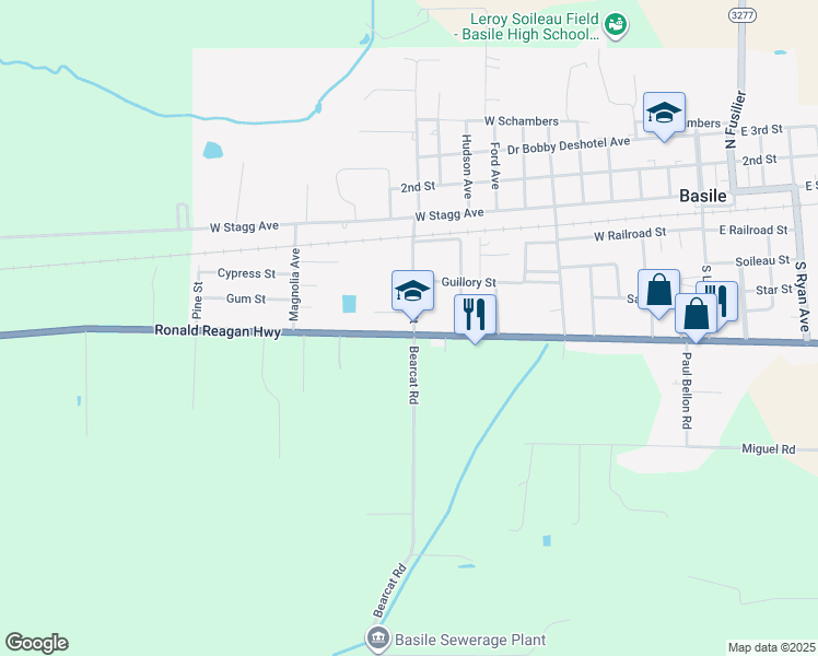 map of restaurants, bars, coffee shops, grocery stores, and more near 1032 Belton Street in Basile