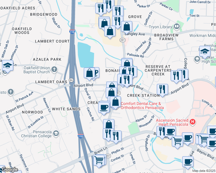 map of restaurants, bars, coffee shops, grocery stores, and more near 433 Airport Boulevard in Pensacola