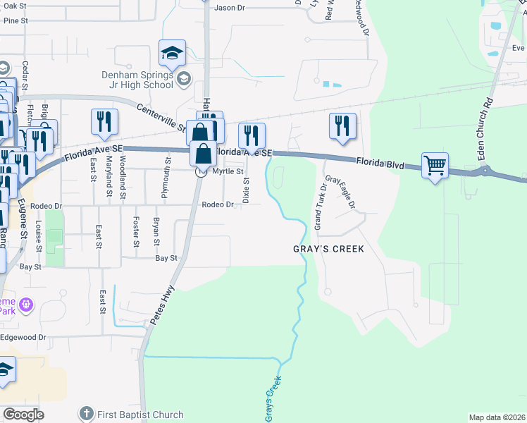 map of restaurants, bars, coffee shops, grocery stores, and more near 1218 Rodeo Drive in Denham Springs