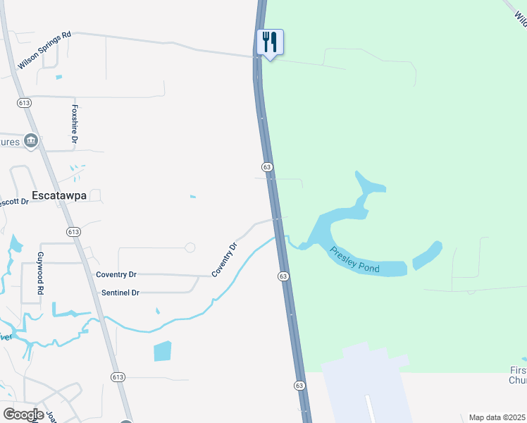 map of restaurants, bars, coffee shops, grocery stores, and more near 9721 Highway 63 in Moss Point