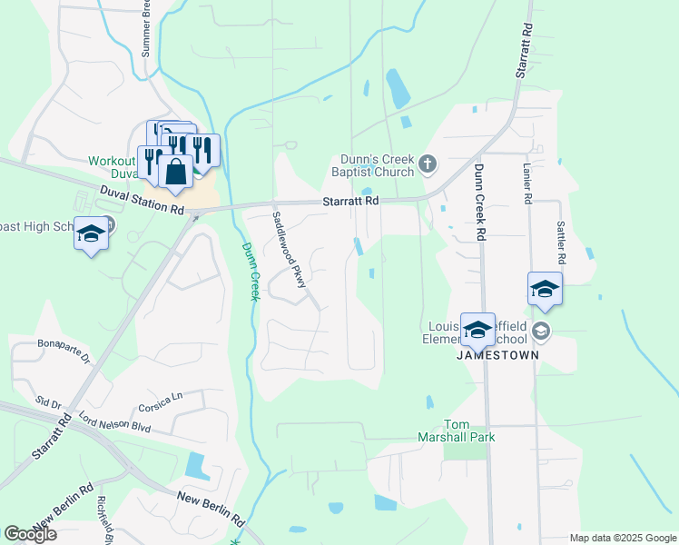 map of restaurants, bars, coffee shops, grocery stores, and more near 13490 Avery Park Lane in Jacksonville