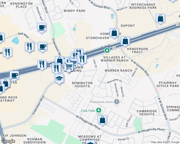 map of restaurants, bars, coffee shops, grocery stores, and more near 1508 Thibodeaux Drive in Round Rock