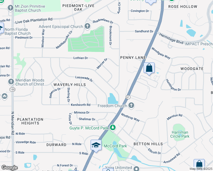 map of restaurants, bars, coffee shops, grocery stores, and more near 1202 Waverly Road in Tallahassee