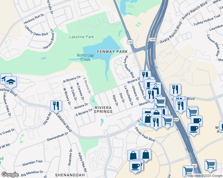 map of restaurants, bars, coffee shops, grocery stores, and more near 2301 Dijon Dr in Cedar Park