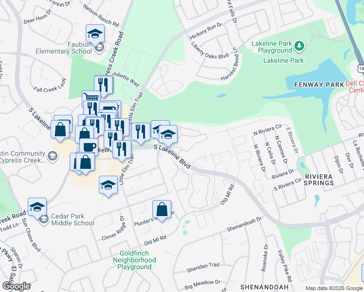 map of restaurants, bars, coffee shops, grocery stores, and more near 2006 South Lakeline Boulevard in Cedar Park