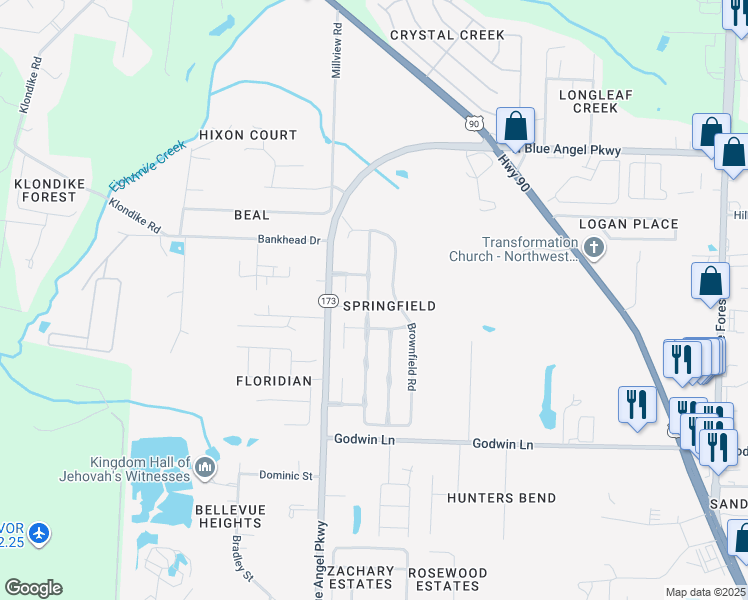 map of restaurants, bars, coffee shops, grocery stores, and more near 1110 Brownfield Road in Bellview
