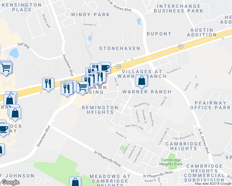 map of restaurants, bars, coffee shops, grocery stores, and more near 1521 Thibodeaux Drive in Round Rock