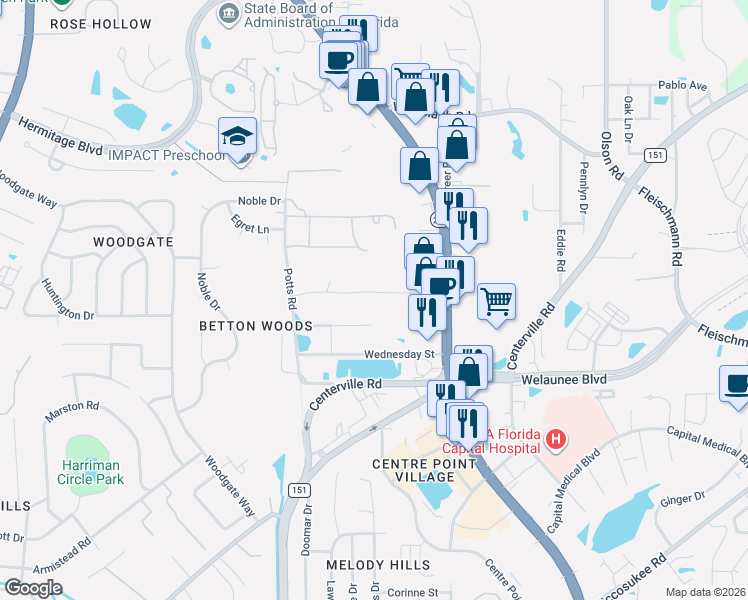 map of restaurants, bars, coffee shops, grocery stores, and more near 2027 Dennis Street in Tallahassee