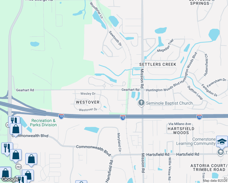 map of restaurants, bars, coffee shops, grocery stores, and more near 4255 Gearhart Road in Tallahassee