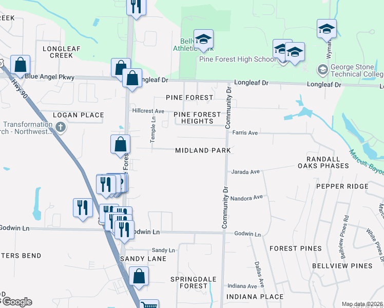 map of restaurants, bars, coffee shops, grocery stores, and more near 2725 Midland Park Drive in Pensacola