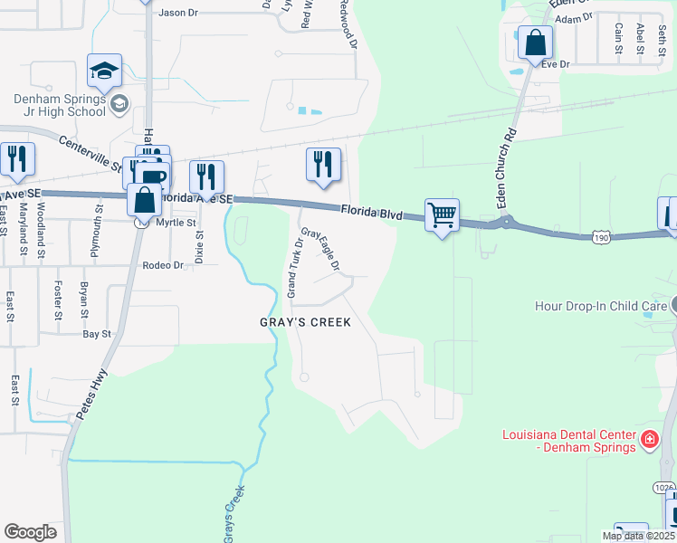 map of restaurants, bars, coffee shops, grocery stores, and more near Kanawaha Court in Denham Springs
