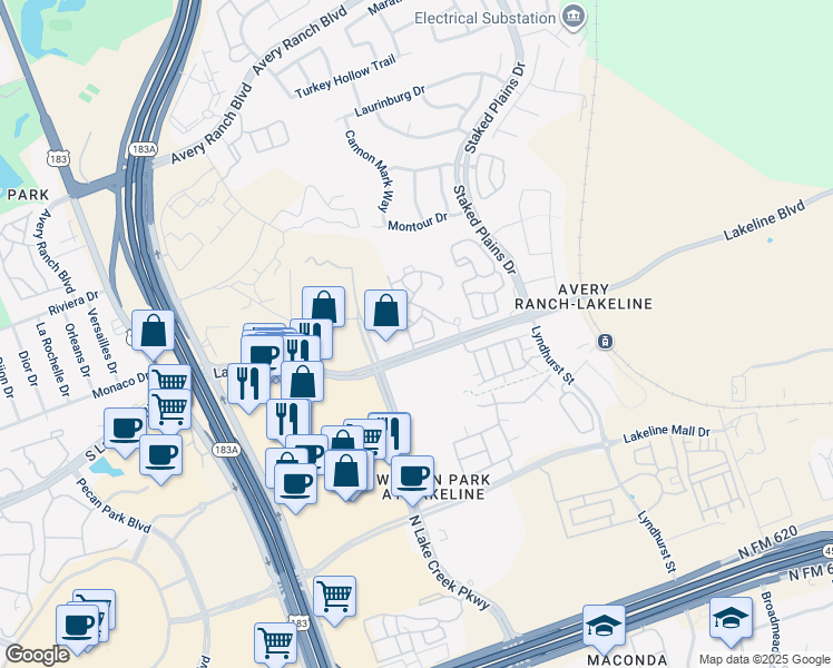 map of restaurants, bars, coffee shops, grocery stores, and more near 10800 Lakeline Boulevard in Austin