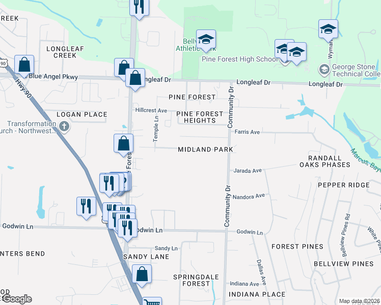 map of restaurants, bars, coffee shops, grocery stores, and more near 2725 Midland Park Drive in Pensacola